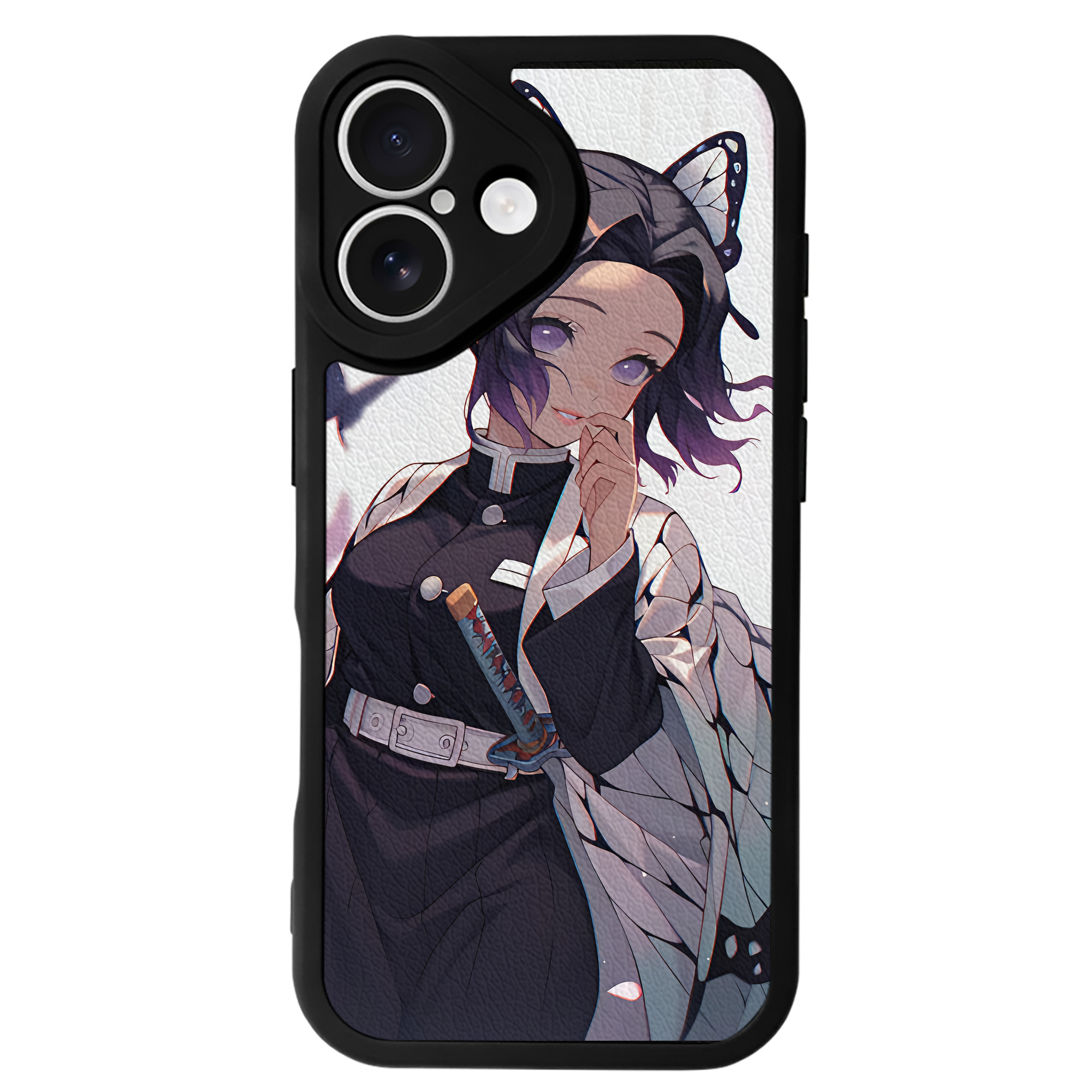 （画像用） 鬼滅の刃（きめつのやいば）蟲柱-胡蝶 しのぶ／こちょう しのぶ Kochou Shinobu 【iPhone 16シリーズ対応】シリコンスマホケース（レザー調） 材質：シリコン